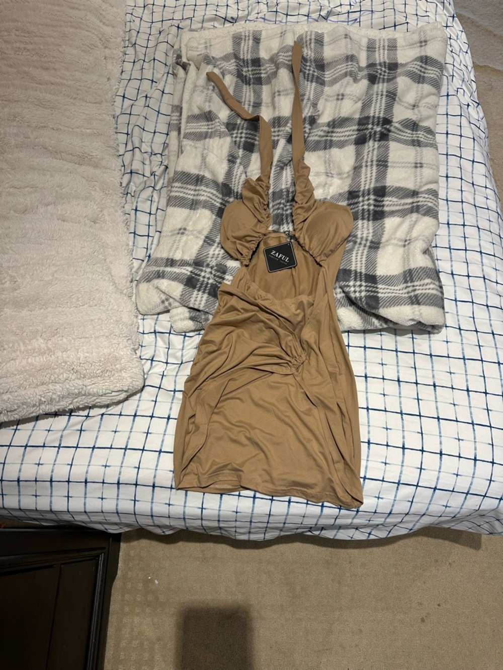 Zaful Tan Halter Mini Dress with Ruched Bust